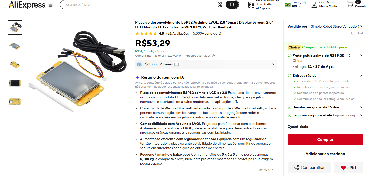 Anúncio da placa ESP32-2432S028R em um marketplace