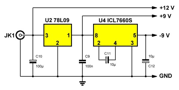 Schema der symmetrischen Spannungsversorgung (±9 V)