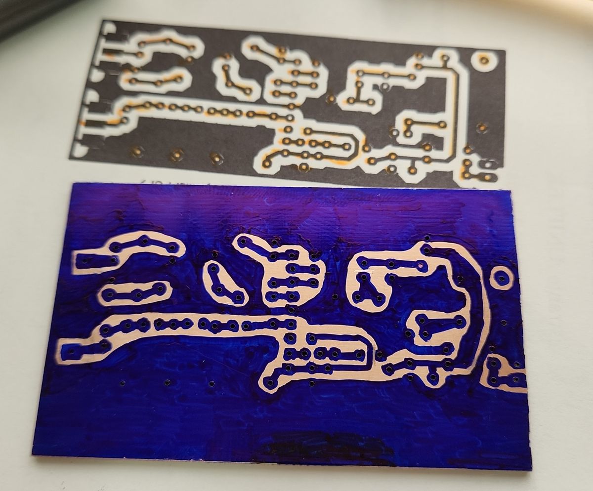Printed layout and board painted for etching