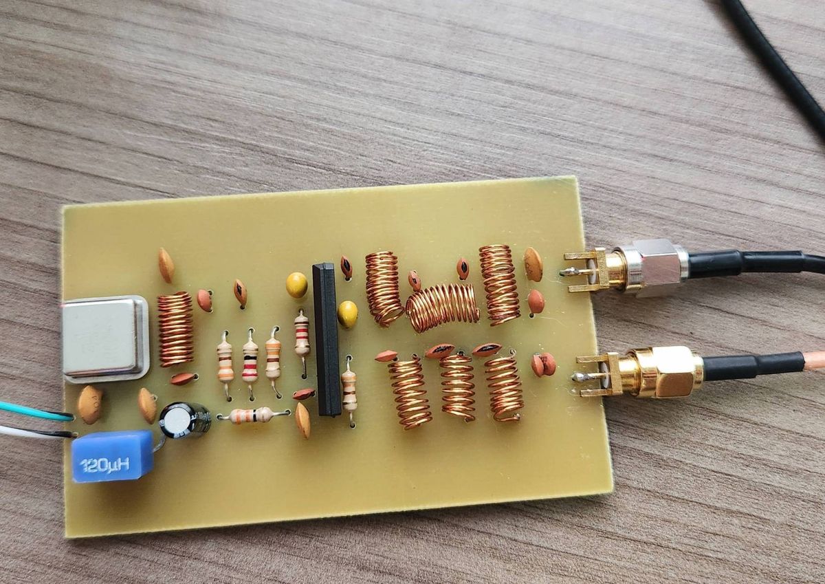 Finished board, with the inductors and SMA connectors